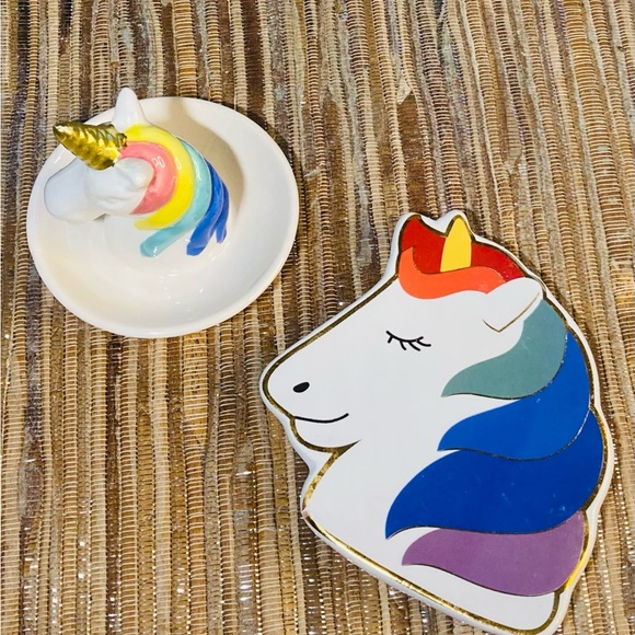 New 🦄 Adorable Glazed Dolomite Unicorn Shape Jewelry Ring Trinket Tray Set of 2 - Picture 2 of 6